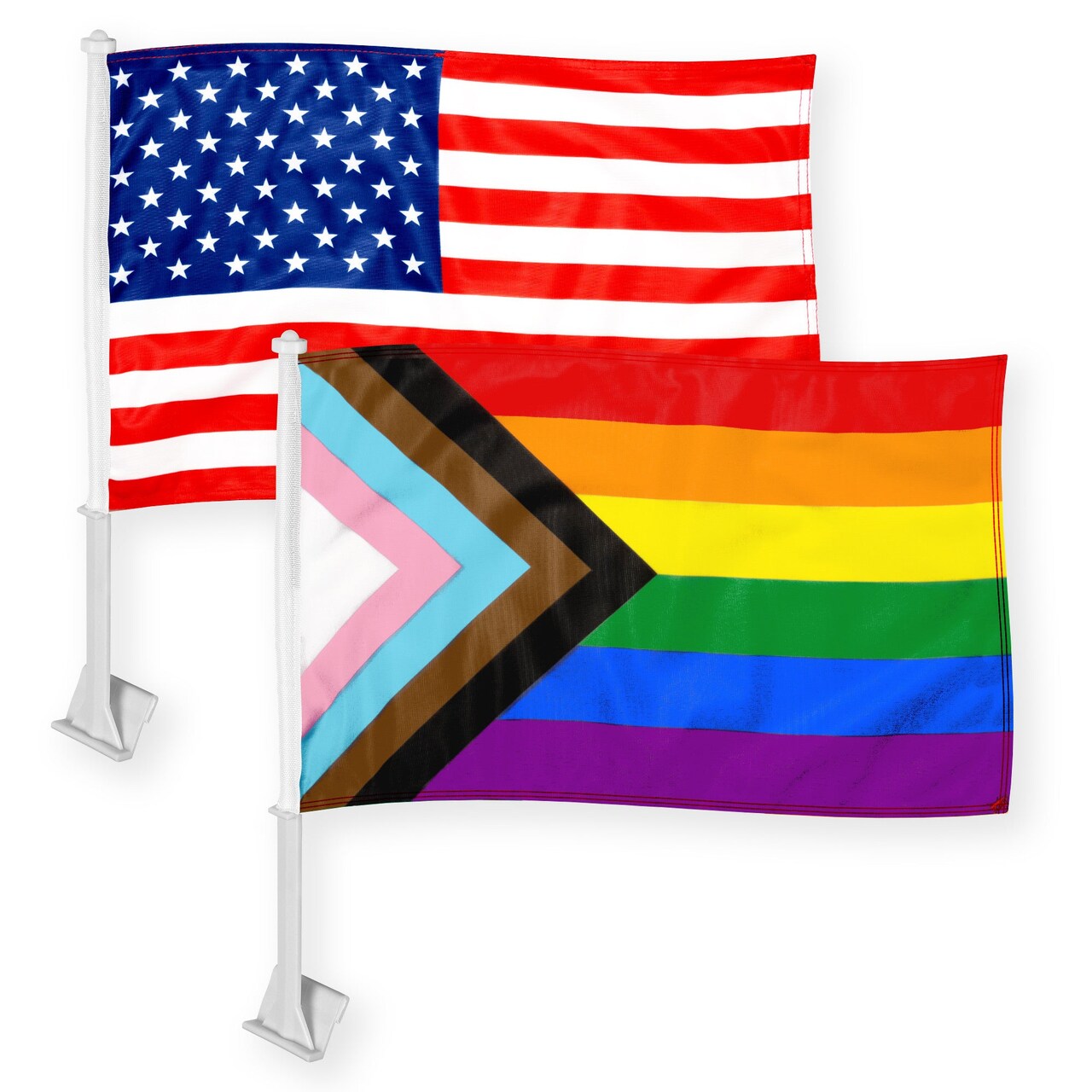 G128 Combo Pack: American USA Car Flag & LGBT Progress Rainbow Pride Car Flag 11x17 In | Both Double Sided Printed 150D Polyester | Flagpole Included | Perfect for Festival Celebrations, Parades